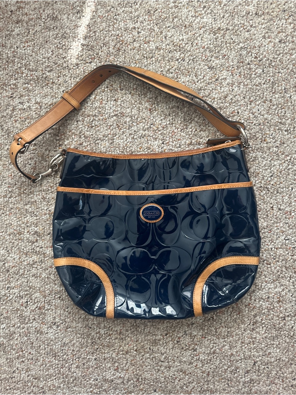 Coach Patent Navy Shoulder Bag with Tan Trim